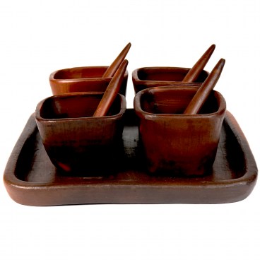 Pomaireware Rectangular Clay Tray with Sqaure Condiment Bowls